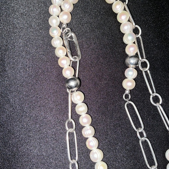 60” Heavy Sterling Silver Italian Paperclip & Freshwater Pearl Choker Necklace - Picture 4 of 8